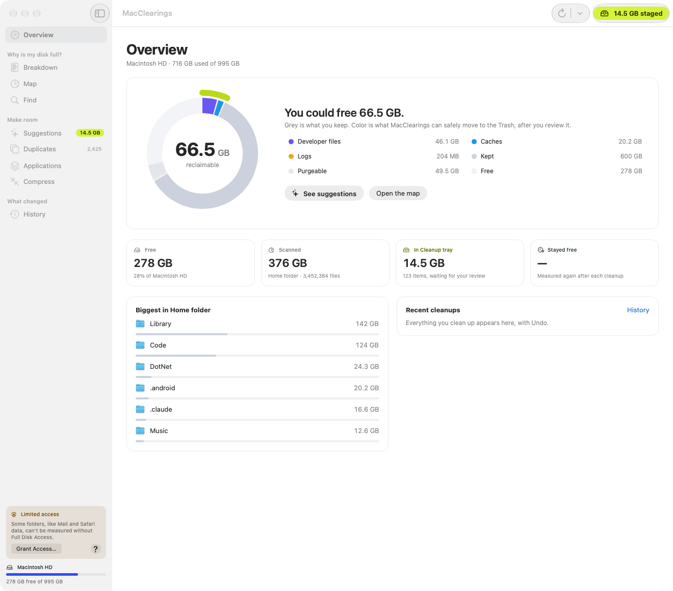 MacClearings Overview: a disk ring with 66.5 GB reclaimable, colored by category, beside the biggest folders in the home folder.