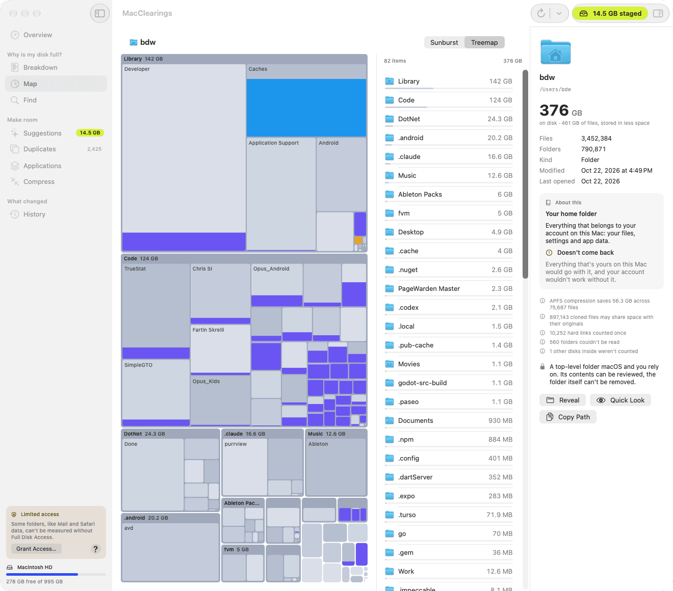 MacClearings Map: a treemap of the home folder with a list of its biggest folders and an inspector explaining what the selected folder is.