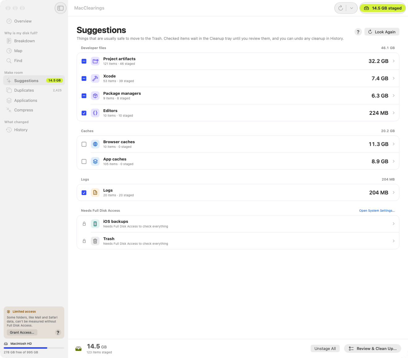 MacClearings Suggestions: developer files, caches and logs grouped with their sizes and checkboxes, and 14.5 GB staged for review.